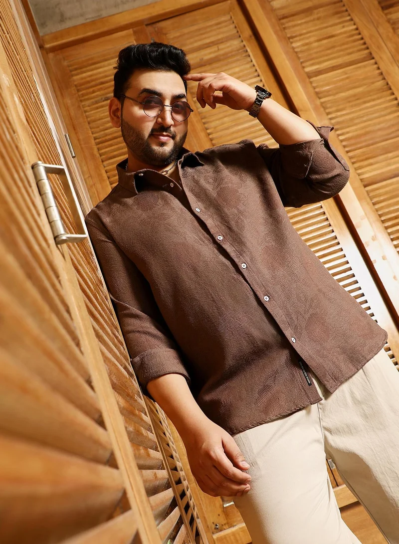 Instafab Plus Instafab Plus Men's Chocolate Brown Rosa-Jacquard Shirt | Spread Collar , Long Cuffed Sleeves , Button Closure , Curved Hemline | Solid Jacquard Cotton-Blend Material For Street & Casual Wear