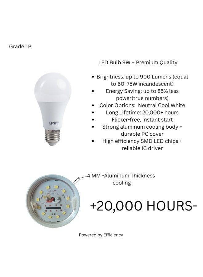 EPSCO Bulb 9 Watt - 900 lumens - White - E27 - PF 0.5 - White 6000K - Image 2