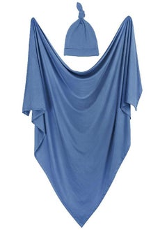 OWLOWLA Swaddle Blanket and Hat Set Newborn Swaddle Wrap Baby Receiving Blanket for Baby Boys Girls(Steel Blue)