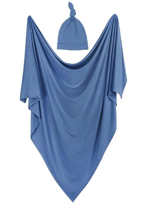 OWLOWLA Swaddle Blanket and Hat Set Newborn Swaddle Wrap Baby Receiving Blanket for Baby Boys Girls(Steel Blue)