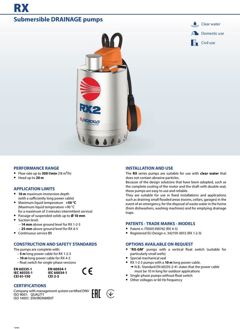 Pedrollo - RXm2 clean submersible pump 0.5 HP - Image 1