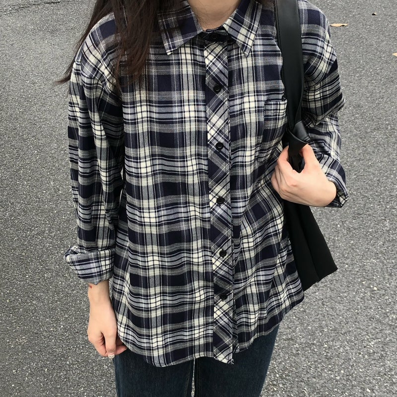 European-made Plaid Shirt Coat Womens Design Sense Niche Long-sleeved Korean-style Loose Hong Kong-style Summer Sun-protective Clothing for Small Men Black