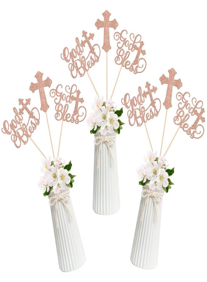 Rsstarxi 15 Pack God Bless Party Decorations, Baptism Centerpiece Sticks, First Communion Table Toppers Decorations for Religious God Bless Babyshower Christian Baptism Party Decorations Rose Gold - Image 1
