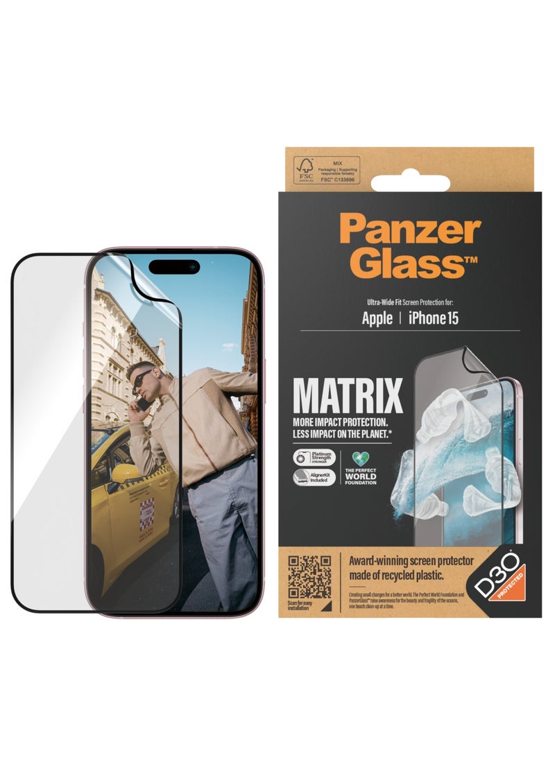 PanzerGlass - PanzerGlass™ Eco-Friendly Matrix Screen Protector for Apple iPhone 15 - Protect, Prolong and Make a Difference - with mounting aid for easy installation - Image 1