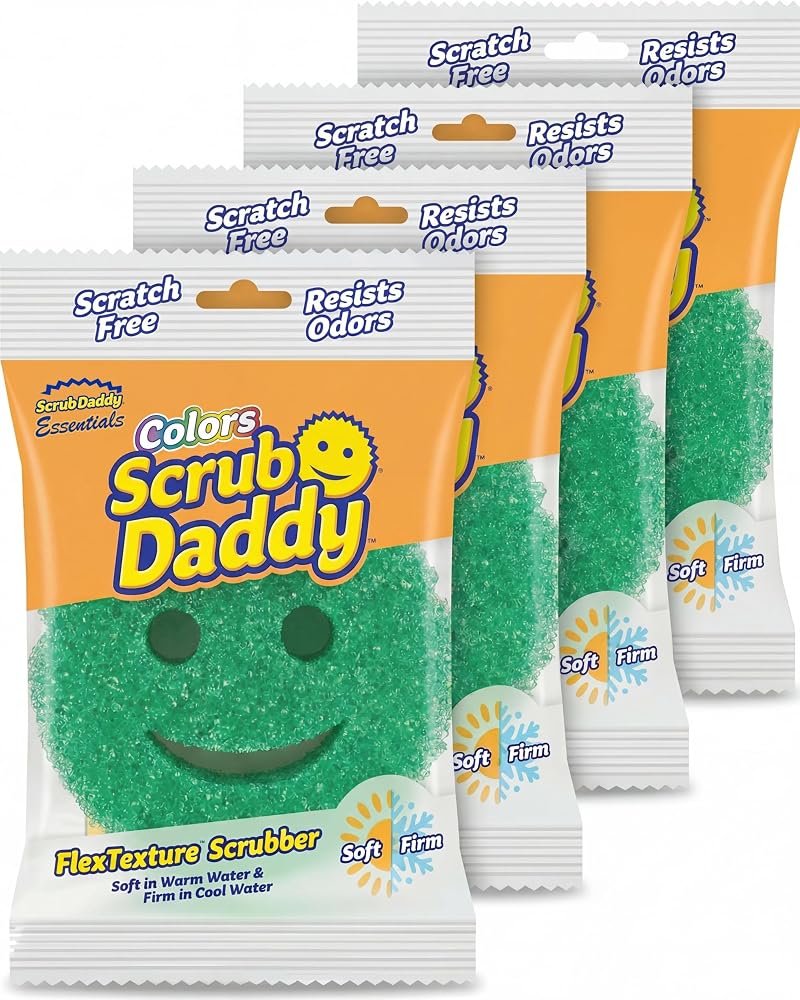 سكراب دادي منتجات Scrub Daddy Essentials للمطبخ: فرشاشات غسيل، فرشاشات مضادة للخدوش، منتجات تنظيف مقاومة للروائح، مناسبة للاستخدام في غسالة الأطباق، عبوة تحتوي على 4 قطع - Image 1