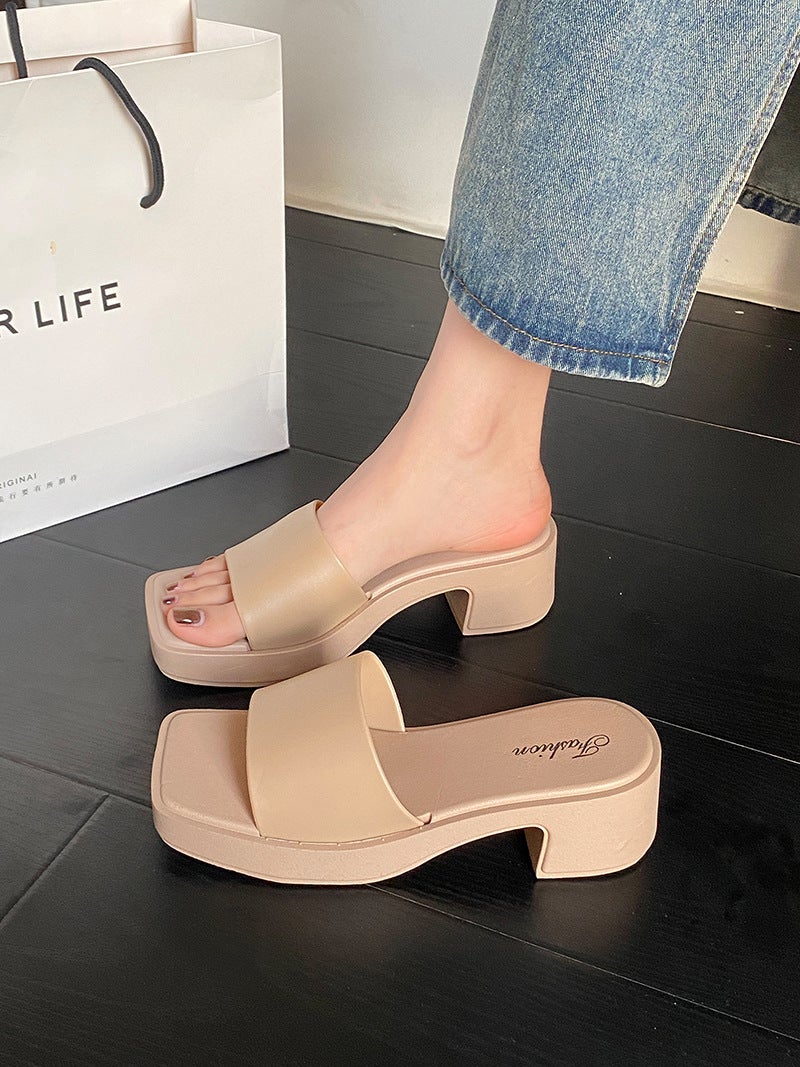 Cross-border 2025 New Wedge Slippers Womens Summer Outer Wear Thick Sole Non-slip Fashion All-match Mid-heel Sandals for Foreign Trade Khaki [677-1 wide face] - Image 1