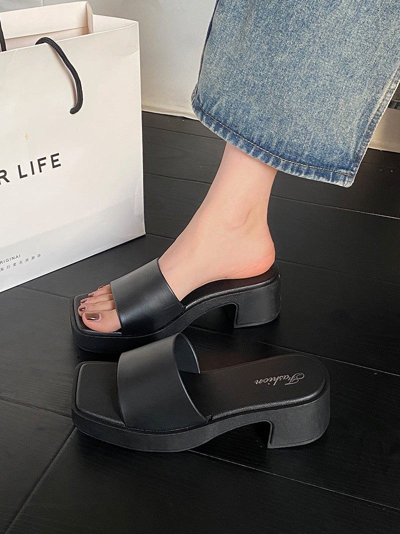 Cross-border 2025 New Wedge Slippers Womens Summer Outer Wear Thick Sole Non-slip Fashion All-match Mid-heel Sandals for Foreign Trade Khaki [677-1 wide face] - Image 3