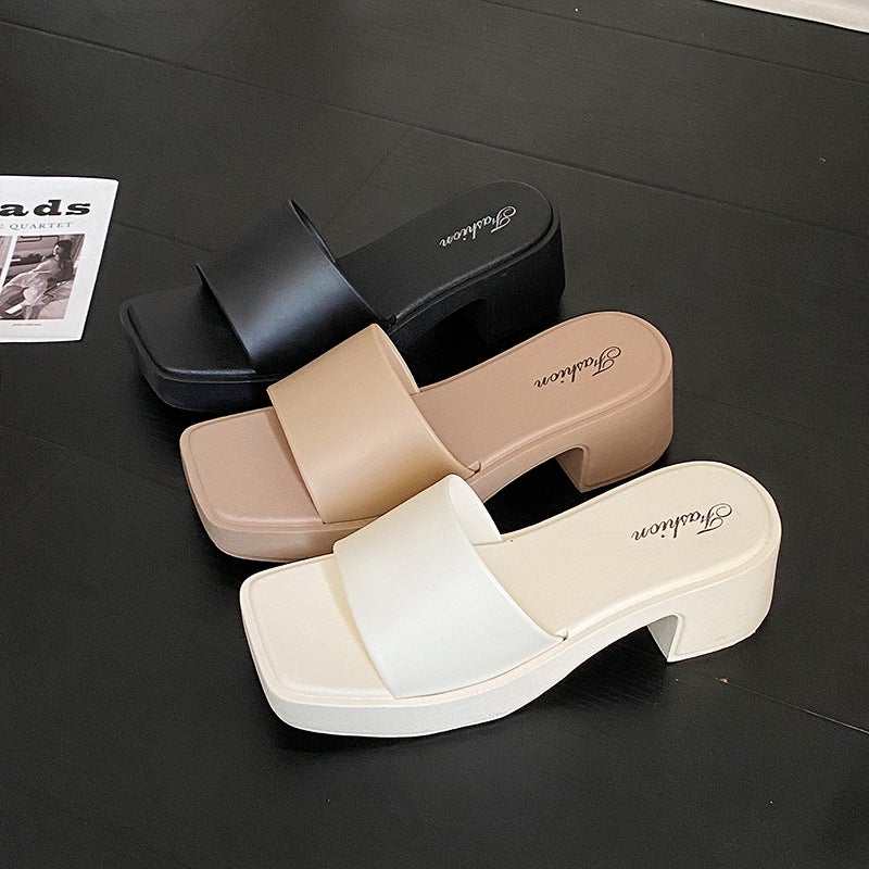 Cross-border 2025 New Wedge Slippers Womens Summer Outer Wear Thick Sole Non-slip Fashion All-match Mid-heel Sandals for Foreign Trade Khaki [677-1 wide face] - Image 4