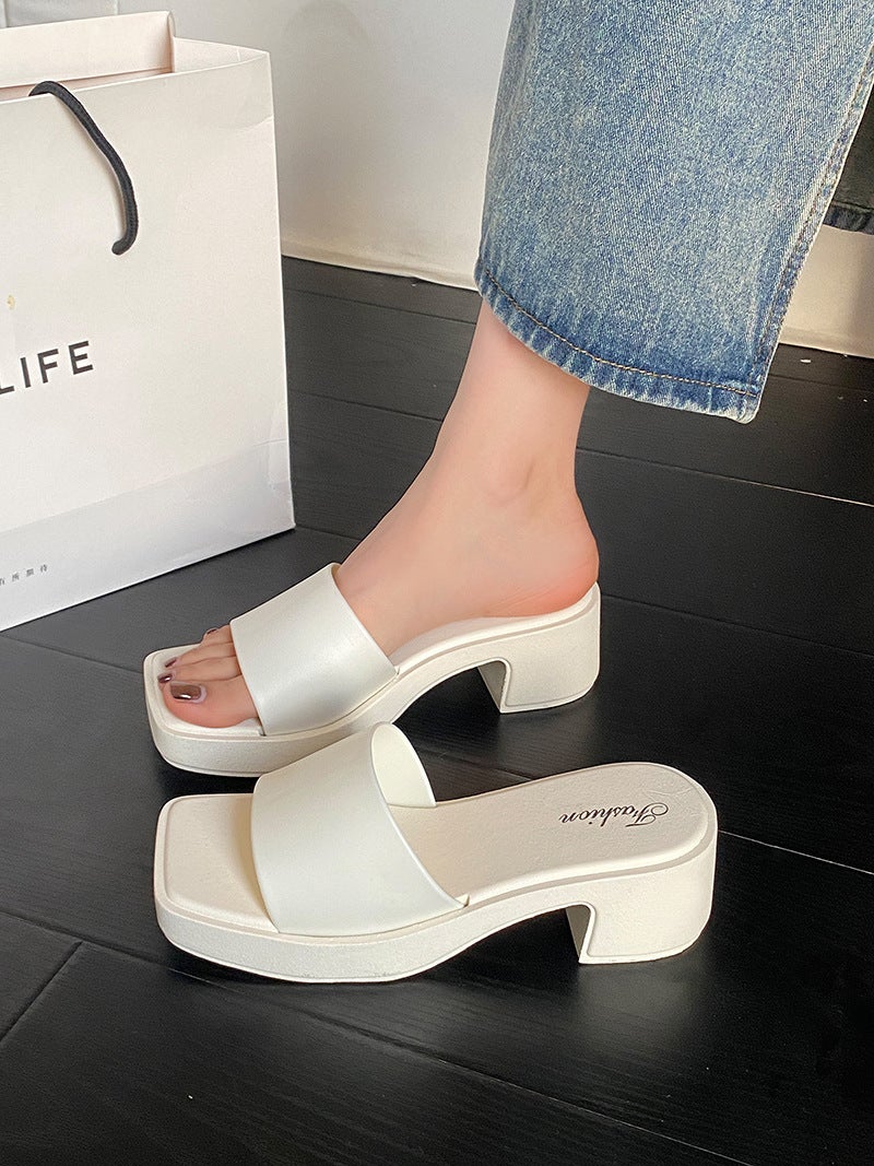 Cross-border 2025 New Wedge Slippers Womens Summer Outer Wear Thick Sole Non-slip Fashion All-match Mid-heel Sandals for Foreign Trade Khaki [677-1 wide face] - Image 2