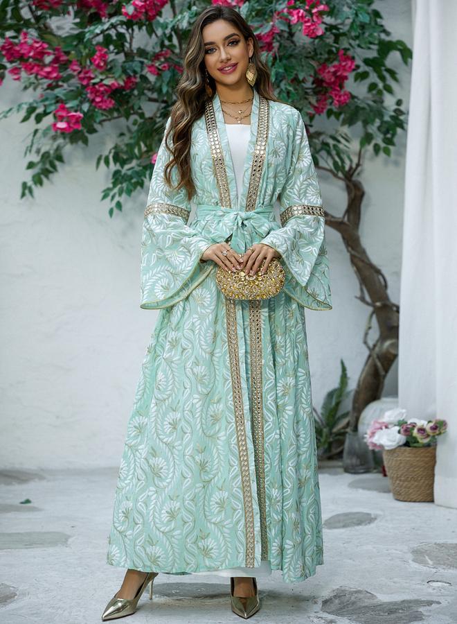 Take Two Turquoise Printed Abaya Dress With Gold Embellishments - Image 5