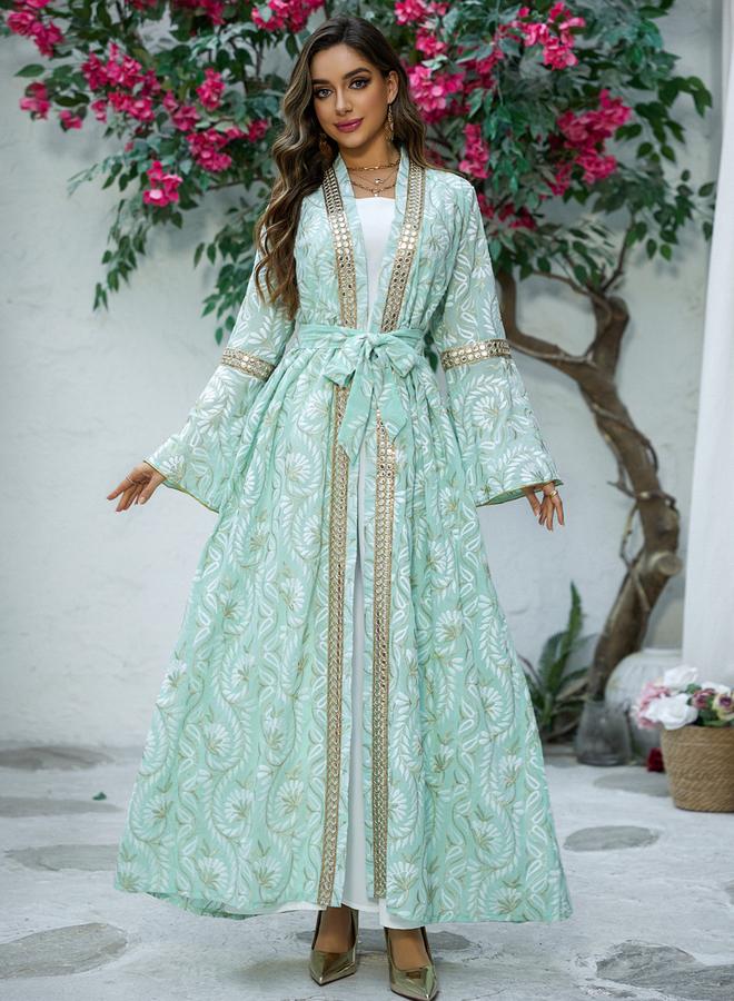 Take Two Turquoise Printed Abaya Dress With Gold Embellishments - Image 3