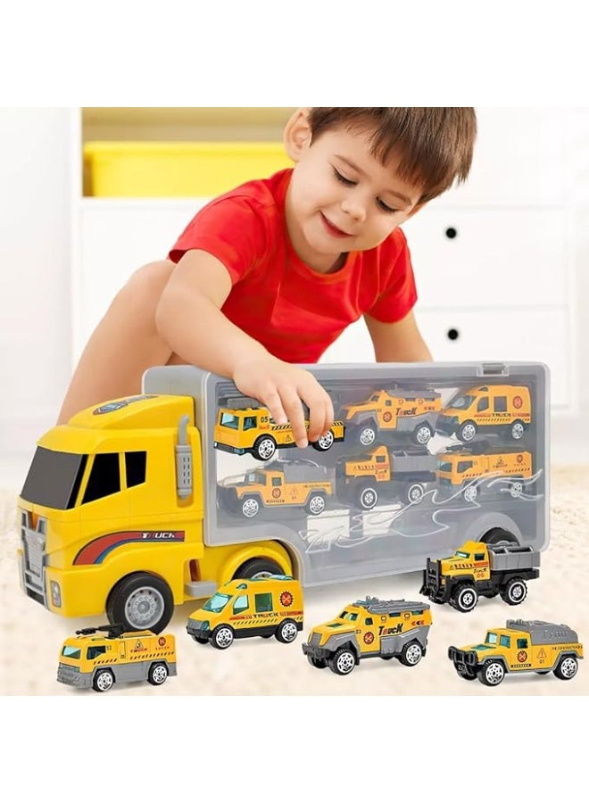 لعبة شاحنة نقل هندسية 7 في 1 مع 6 سيارات معدنية صغيرة (Die-Cast)، هدية مثالية لأعياد ميلاد الأطفال. - Image 1