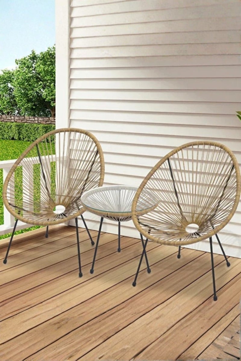 GAIA Home Beige Outdoor Balcony Table and Chair Set 2+1 with Glass Top and Rattan Style Design - Image 1