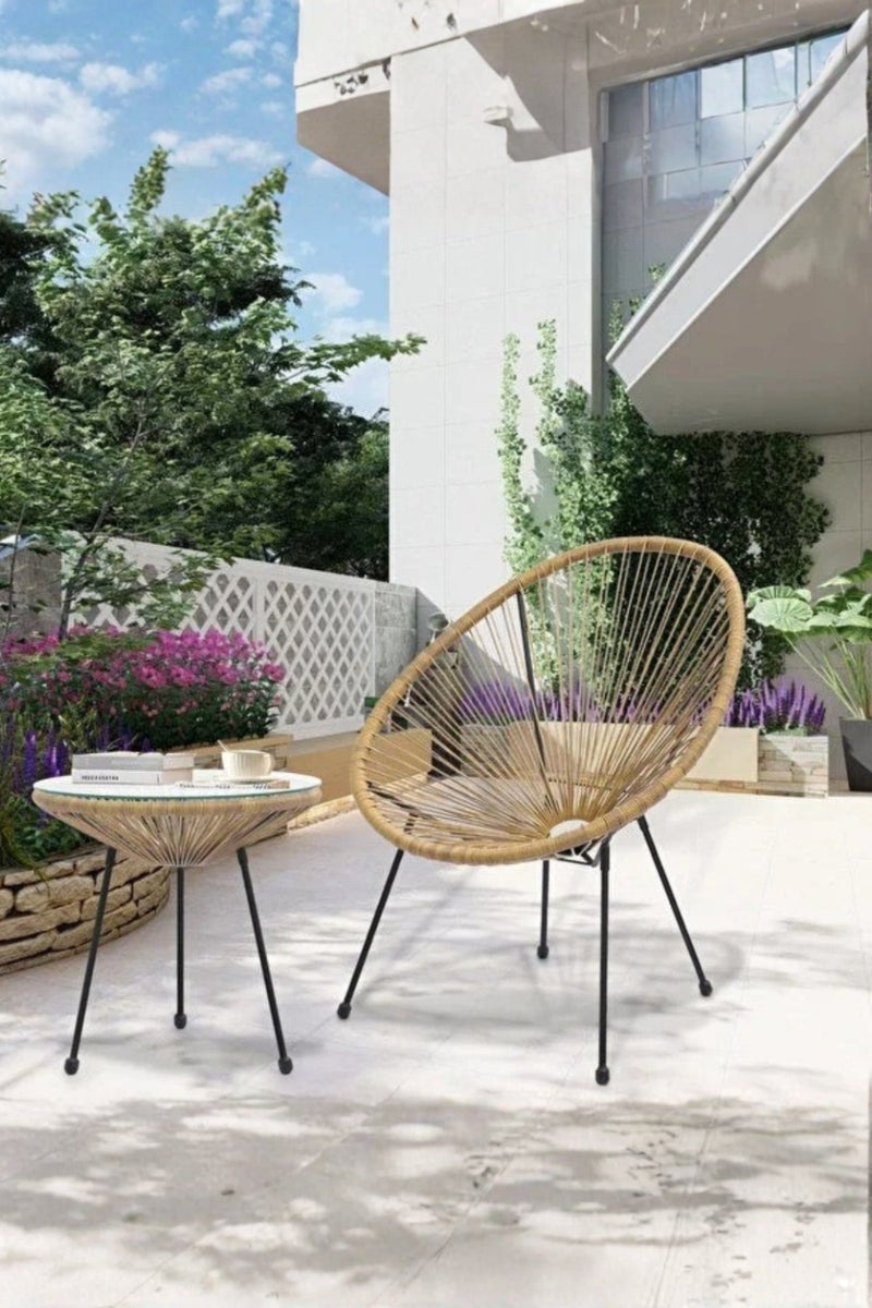 GAIA Home Beige Outdoor Balcony Table and Chair Set 2+1 with Glass Top and Rattan Style Design - Image 2