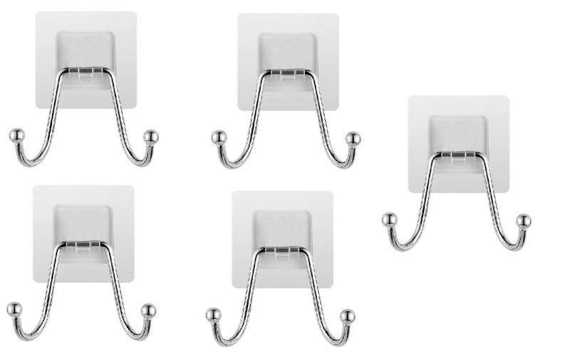 Zebroc 5Pcs Stainless Steel Wall Hangers, Bath Towel Double Hook, Self Adhesive Hooks Stick On Wall Hanging Door Clothes Holder Utility Hanging Hooks Storage (Transparent) (5, Double Hook) - Image 1