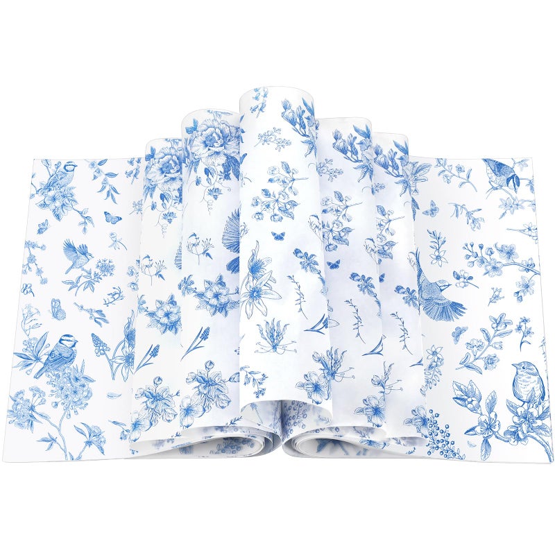 Feifeiya 200 Pcs Floral Wax Paper Sheets for Food Chinoiserie Bird Deli Paper Waterproof Sandwich Wrapping Greaseproof Food Basket Liners for Picnic Party Kitchen Supplies 98 x 87inchBlue