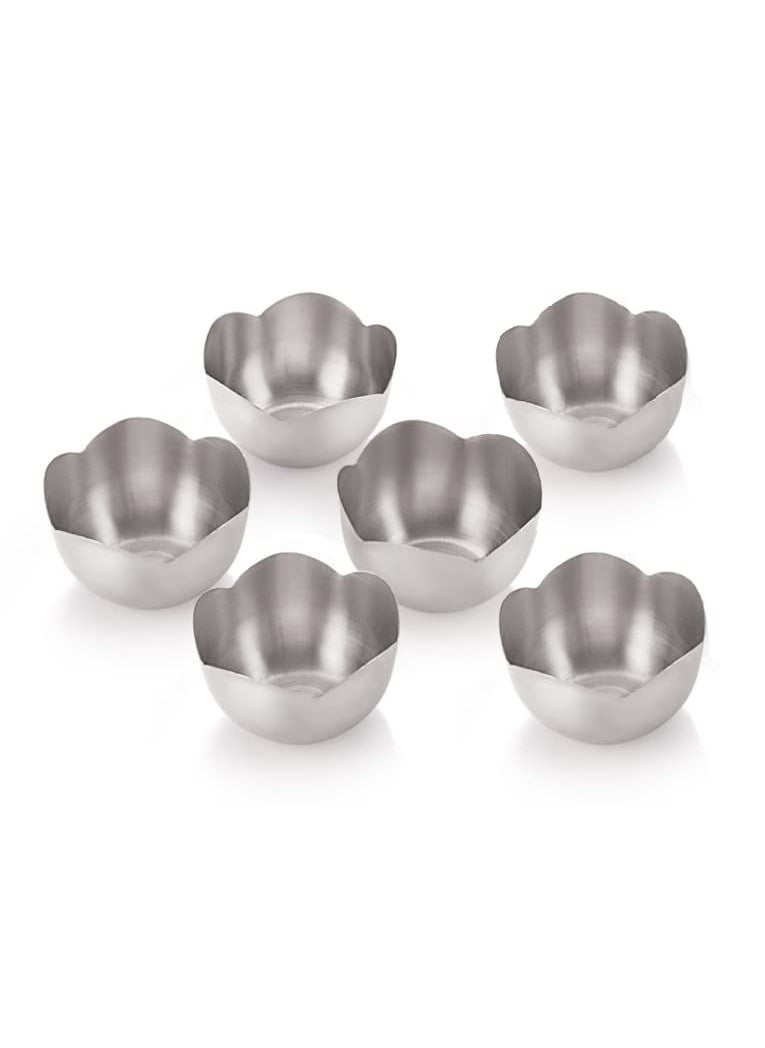 FINALITY FINALITY Stainless Steel Flower Shape Serving Desert Bowl ice Cream Bowl Sabji Bowl Dal Bowl Color Silver Size 10 cm Set of 6 Pcs  - Image 1
