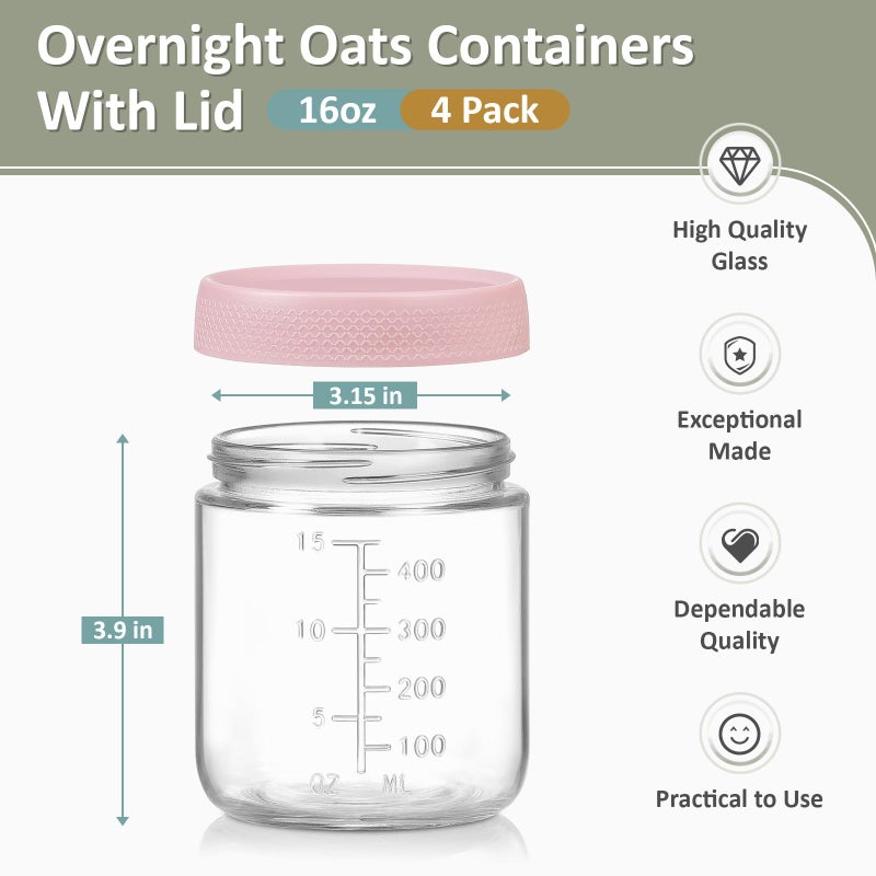 POIKSHARK 4-Pack Overnight Oats Containers with Lids 16 OZ Wide Mouth Glass Jars with Airtight Lids  Mason Jars Glass Food Containers for Snack Spice Sugar Food Prep Yogurt - Image 2