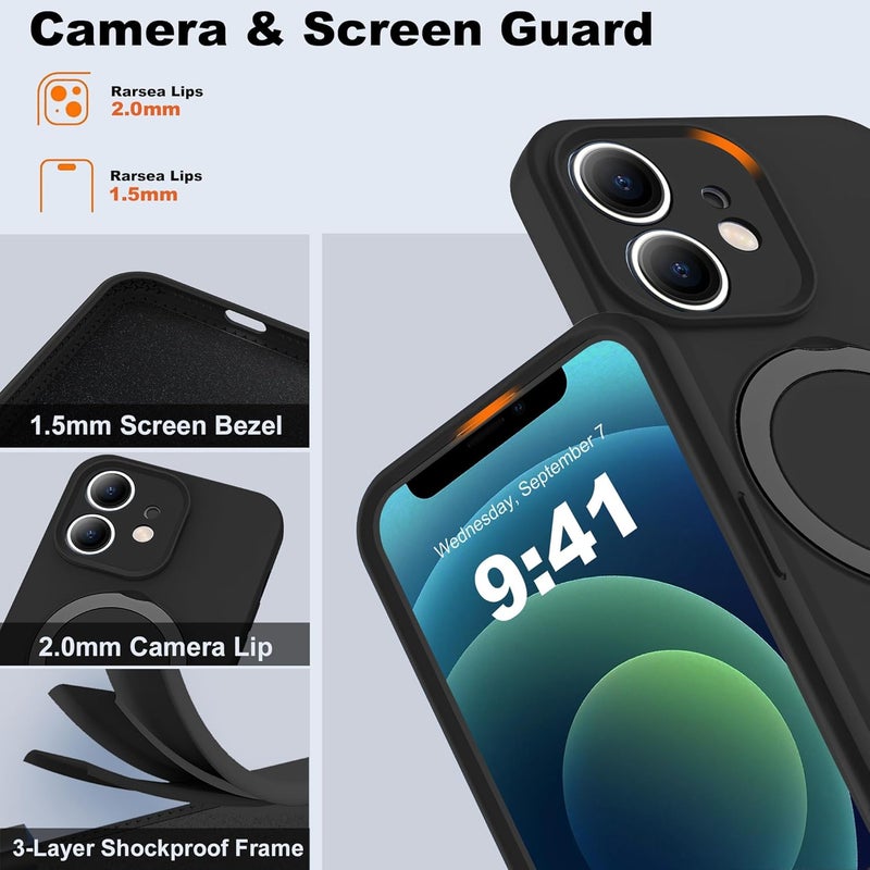 ايليجو جراب لهاتف iPhone 12، متوافق مع Magsafe، مع حامل مغناطيسي غير مرئي، غطاء هاتف من السيليكون الناعم المقاوم للصدمات بدرجة عسكرية مع مسند لهاتف Apple 12 أسود - Image 4