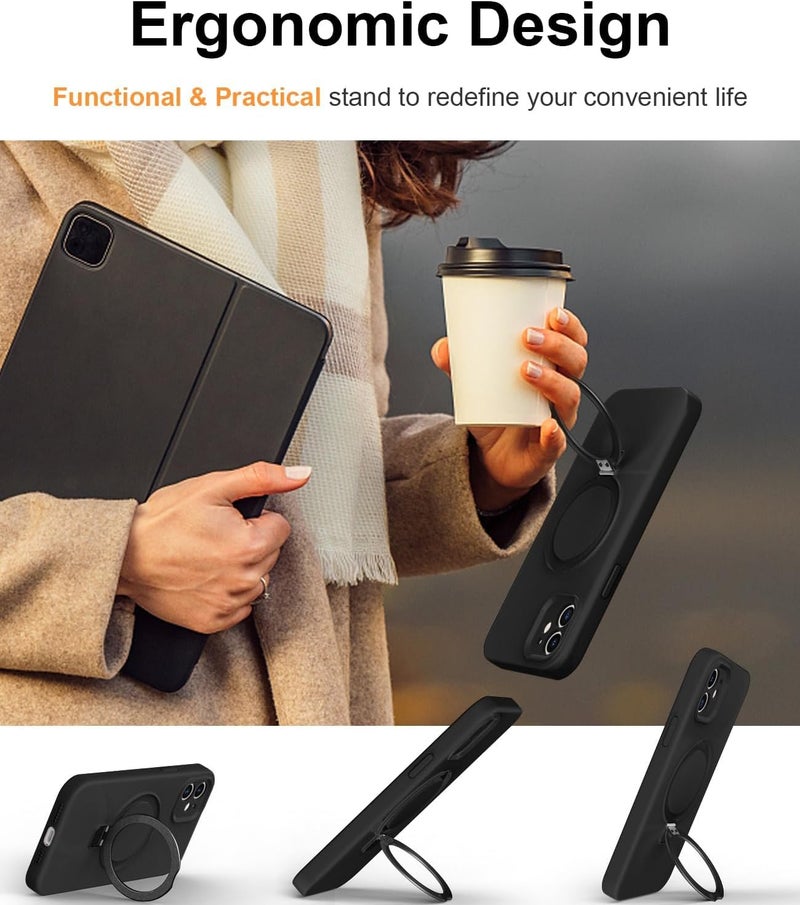 ايليجو جراب لهاتف iPhone 12، متوافق مع Magsafe، مع حامل مغناطيسي غير مرئي، غطاء هاتف من السيليكون الناعم المقاوم للصدمات بدرجة عسكرية مع مسند لهاتف Apple 12 أسود - Image 3