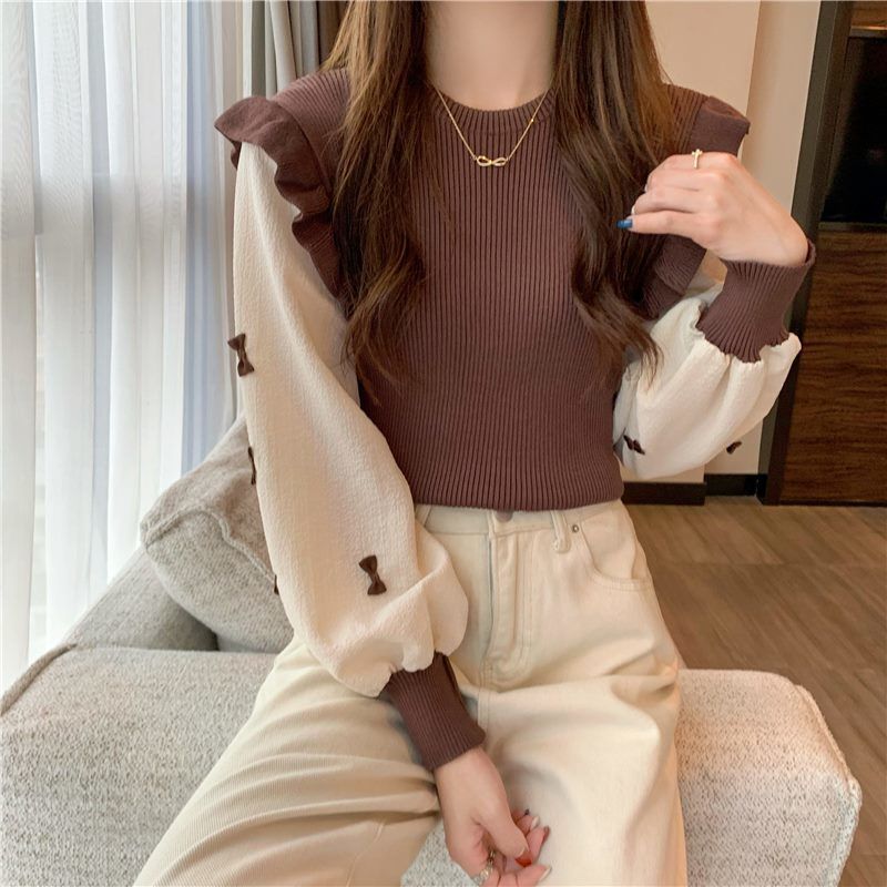 2024 Spring New Illusion Knitted Top Two-Piece Womens Bow Splicing Long Sleeves Slimming Outerwear Round Neck Sweater Brown - Image 1
