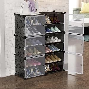 KEEKOS Shoe Rack Plastic,Portable with Dustproof Door, Multi-Purpose Plastic for Home Foldable Portable Shelves Chappal, Slipper, Heels, Boots,Stand (Black, 12-Shelf-6-Door) - Image 1