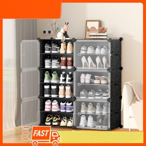 KEEKOS Shoe Rack Plastic,Portable with Dustproof Door, Multi-Purpose Plastic for Home Foldable Portable Shelves Chappal, Slipper, Heels, Boots,Stand (Black, 12-Shelf-6-Door) - Image 2