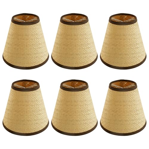 Kenqulio Small Lamp Shades Clip on Bulb, Woven Chandelier Shades Set of 6, Mini Rattan Style Lampshade 2.9x5.9x5.1in Small Lamp Shade for Chandelier Lamp Replacement (Faux Rattan) - Image 1