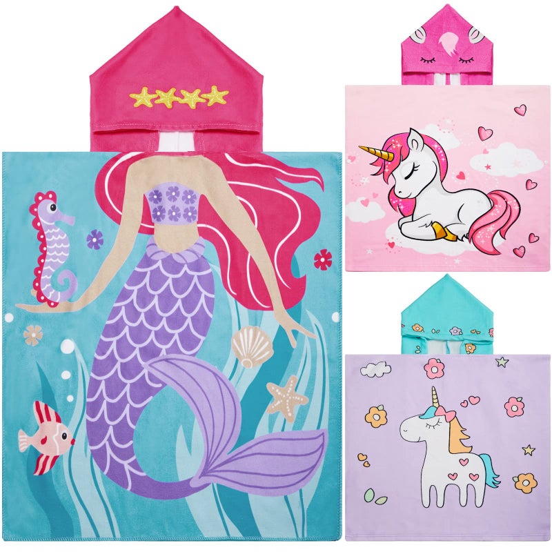 Chumia 3 Pack Kids Hooded Beach Poncho Towels Toddler Swim Pool Bath Towels with Hood Thicker Cotton Absorbent Cover up for Boys Girls Baby47 x 24 InchMermaid Unicorn - Image 2