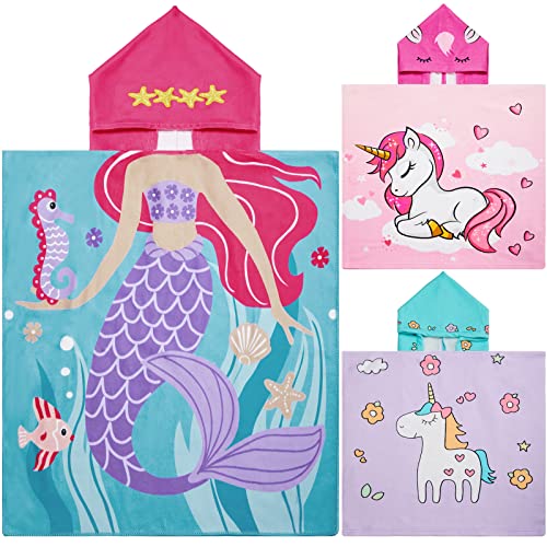 Chumia 3 Pack Kids Hooded Beach Poncho Towels Toddler Swim Pool Bath Towels with Hood Thicker Cotton Absorbent Cover up for Boys Girls Baby47 x 24 InchMermaid Unicorn - Image 1