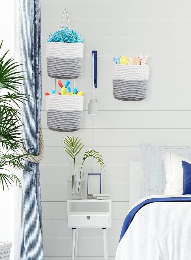 Gleckn Small Basket Cotton Rope Basket With Cat Ears Little Storage Baskets For Organizing Bins Organizer Wicker Nursery Room For Kids Baby Dog Toy Drawer Gifts 9.5"X8.5"X4" (Ivory+Grey, 3-Tier) - Image 3