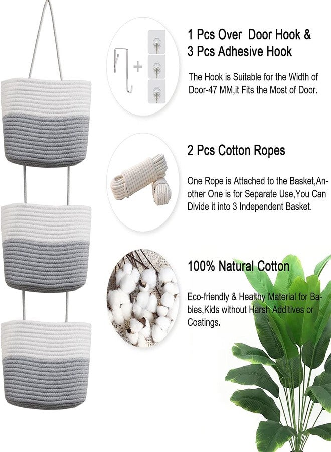 Gleckn Small Basket Cotton Rope Basket With Cat Ears Little Storage Baskets For Organizing Bins Organizer Wicker Nursery Room For Kids Baby Dog Toy Drawer Gifts 9.5"X8.5"X4" (Ivory+Grey, 3-Tier) - Image 2