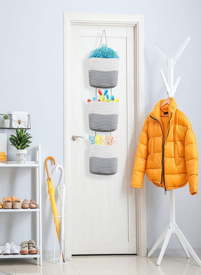 Gleckn Small Basket Cotton Rope Basket With Cat Ears Little Storage Baskets For Organizing Bins Organizer Wicker Nursery Room For Kids Baby Dog Toy Drawer Gifts 9.5"X8.5"X4" (Ivory+Grey, 3-Tier) - Image 4