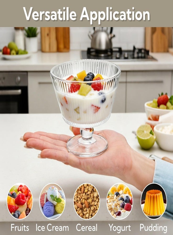 ZAVOOS Set of 6 Glass Dessert Bowls, 8 Oz Footed Ice Cream Cups with Pedestal, Vintage Embossed Sundae Dishes Breakfast Cups for Pudding, Fruits, Parfait, Party Favor - Image 3