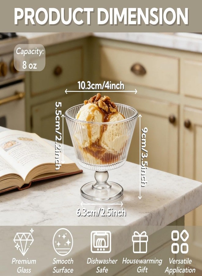 ZAVOOS Set of 6 Glass Dessert Bowls, 8 Oz Footed Ice Cream Cups with Pedestal, Vintage Embossed Sundae Dishes Breakfast Cups for Pudding, Fruits, Parfait, Party Favor - Image 2