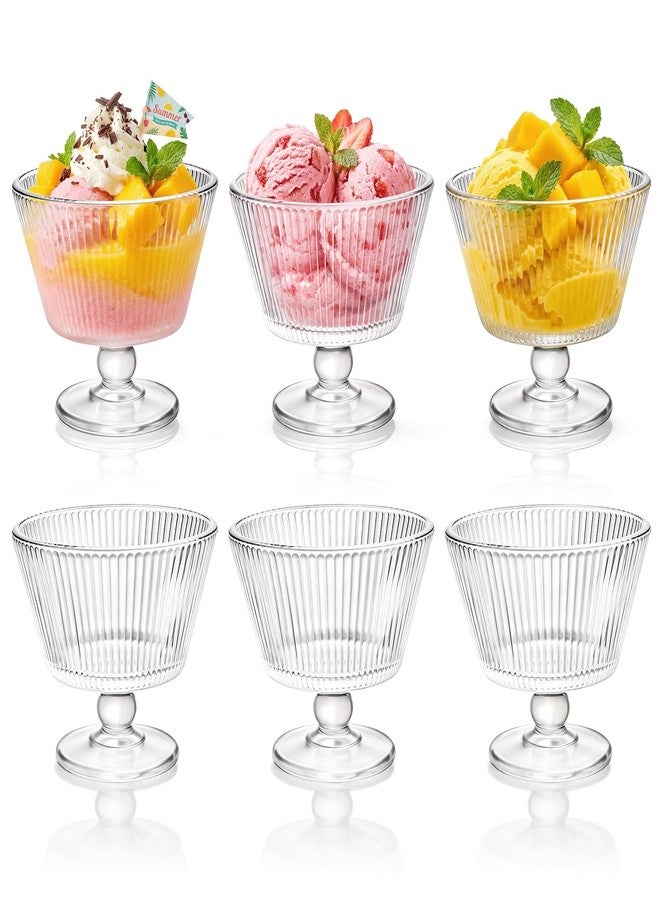 ZAVOOS Set of 6 Glass Dessert Bowls, 8 Oz Footed Ice Cream Cups with Pedestal, Vintage Embossed Sundae Dishes Breakfast Cups for Pudding, Fruits, Parfait, Party Favor - Image 1