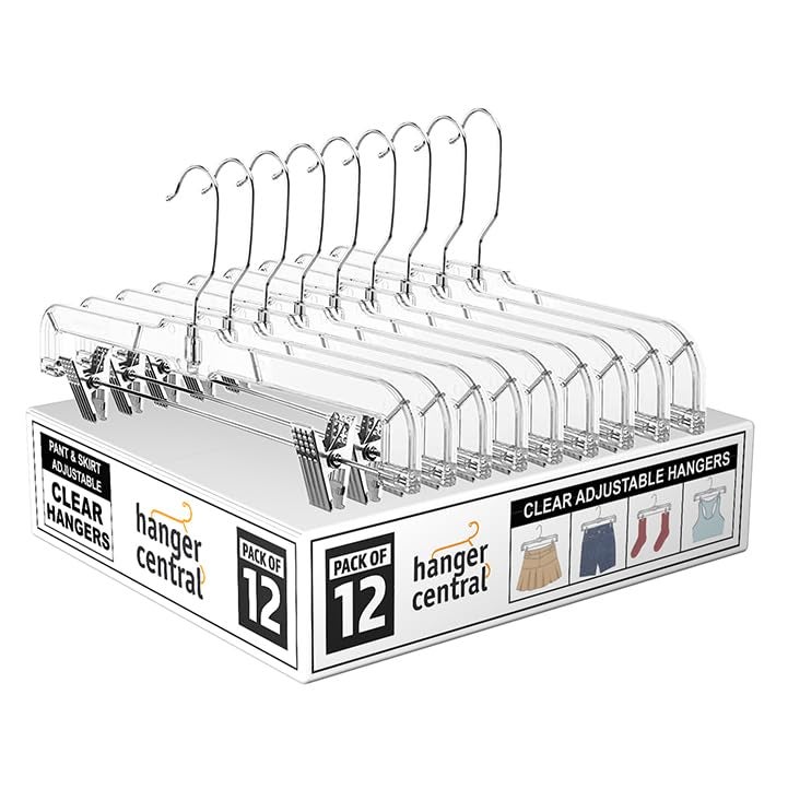 Hanger Central Premium 14 Inch Clear Pants Hangers with Adjustable Clips - 12 Pack Space-Saving Skirt Hangers - Non-Slip Heavy Duty Plastic Closet Organizers with 360Â° Swivel Hook - Image 1
