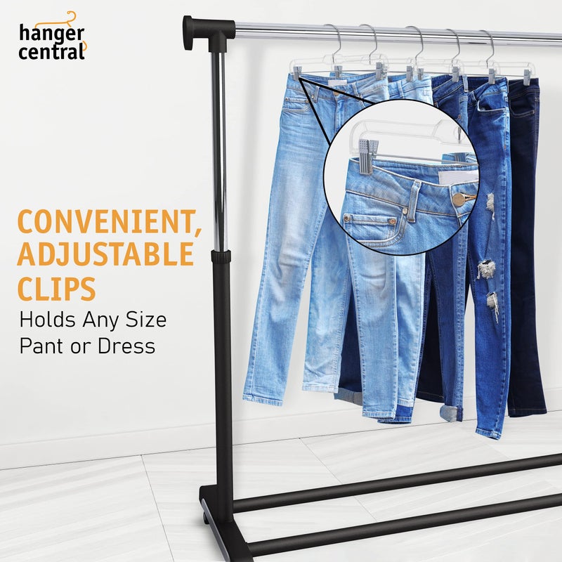 Hanger Central Premium 14 Inch Clear Pants Hangers with Adjustable Clips - 12 Pack Space-Saving Skirt Hangers - Non-Slip Heavy Duty Plastic Closet Organizers with 360Â° Swivel Hook - Image 4