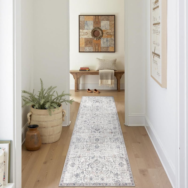 jinchan Runner Rug Washable Carpet Vintage Hallway Indoor Floor Mat Thin Rug Retro Distressed Carpet Floral Print Rug Non Slip Bathroom Kitchen Bedroom Living Room(Grey Multi,244x61CM) - Image 1