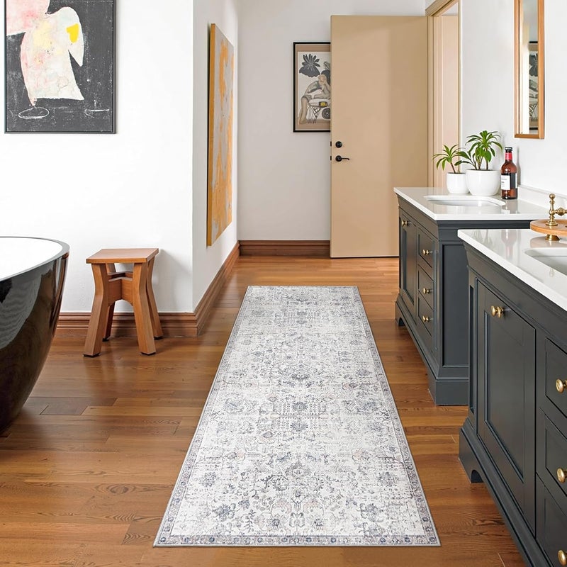 jinchan Runner Rug Washable Carpet Vintage Hallway Indoor Floor Mat Thin Rug Retro Distressed Carpet Floral Print Rug Non Slip Bathroom Kitchen Bedroom Living Room(Grey Multi,244x61CM) - Image 4