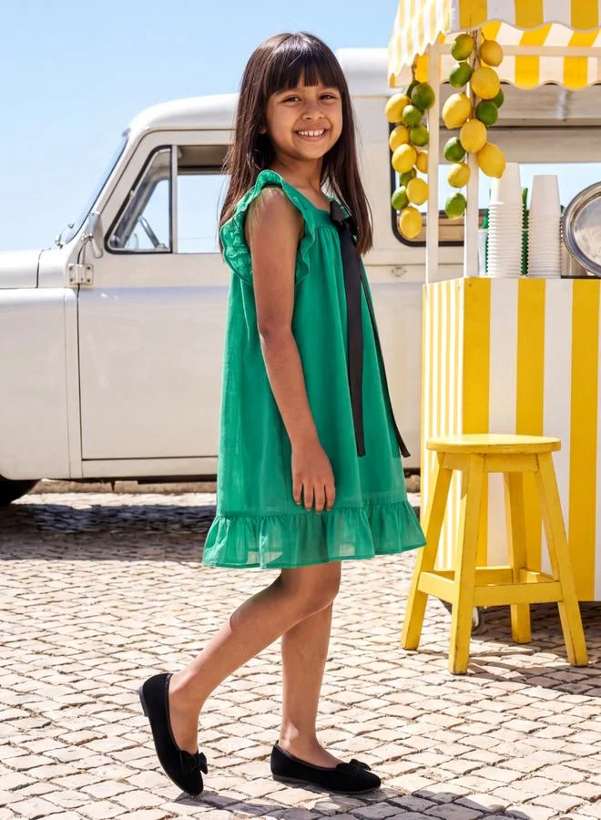 جلو باص Globus Girls Green Square Neck Ribbon Bow Details Flutter Sleeves Tiered A-Line Mini Dress