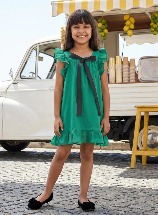 جلو باص Globus Girls Green Square Neck Ribbon Bow Details Flutter Sleeves Tiered A-Line Mini Dress