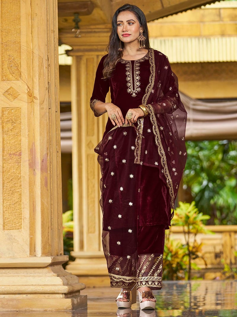SIRIL Women's Velvet Embroidery Work Kurta Pant with Dupatta Set (91KBD1001-XXL_Maroon) - Image 3
