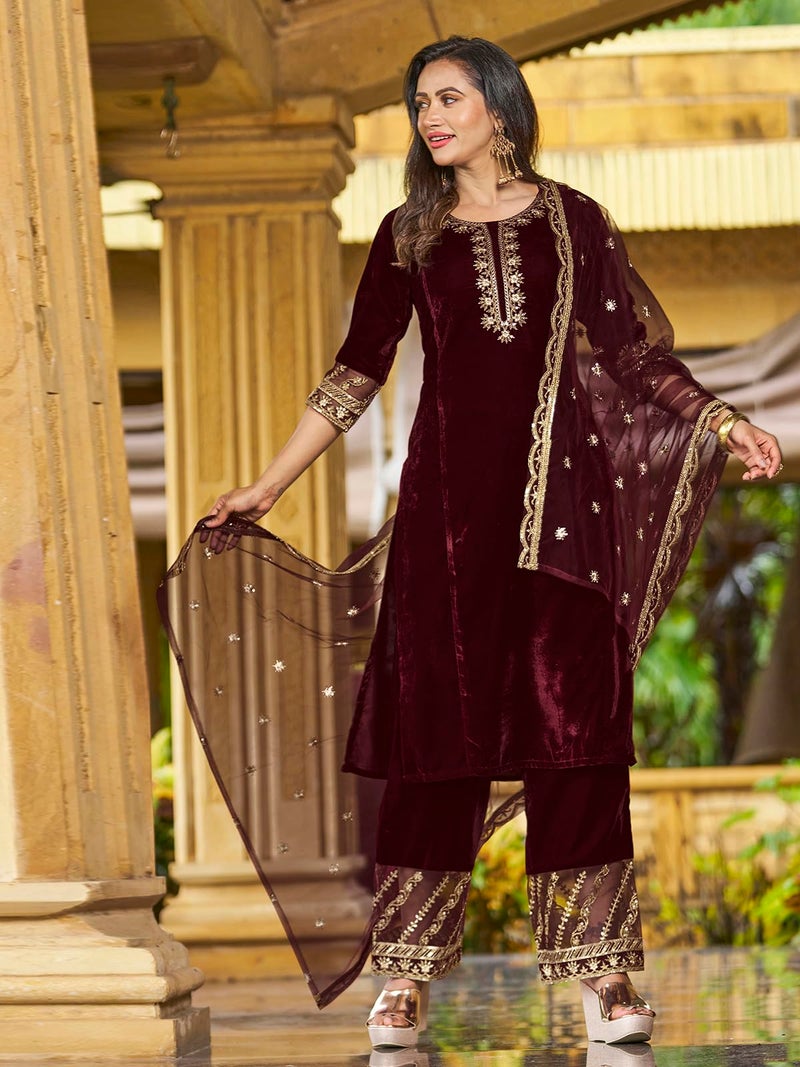 SIRIL Women's Velvet Embroidery Work Kurta Pant with Dupatta Set (91KBD1001-XXL_Maroon) - Image 5