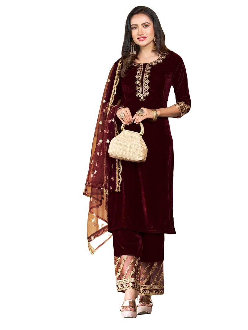 SIRIL Women's Velvet Embroidery Work Kurta Pant with Dupatta Set (91KBD1001-XXL_Maroon) - Image 1