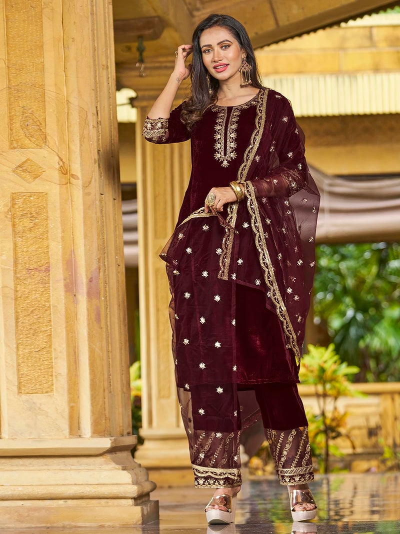 SIRIL Women's Velvet Embroidery Work Kurta Pant with Dupatta Set (91KBD1001-XXL_Maroon) - Image 4