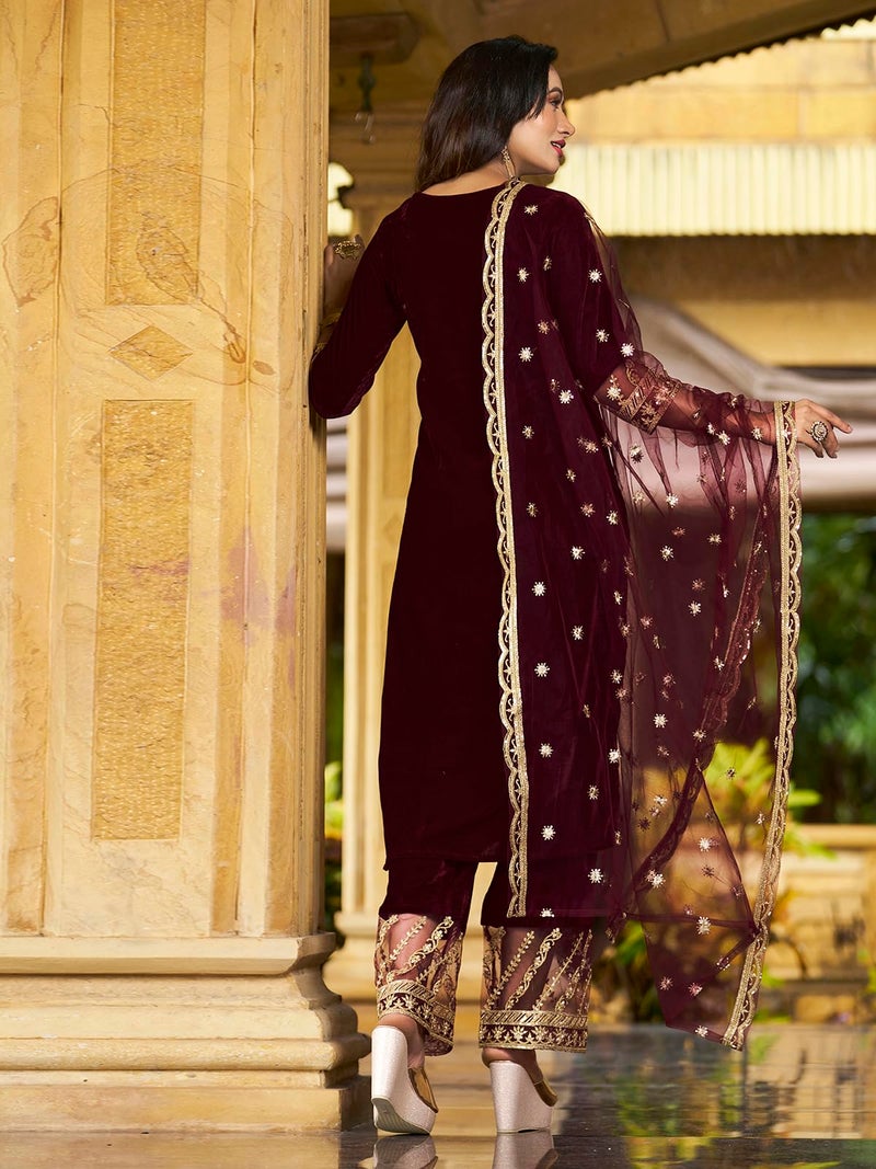 SIRIL Women's Velvet Embroidery Work Kurta Pant with Dupatta Set (91KBD1001-XXL_Maroon) - Image 2