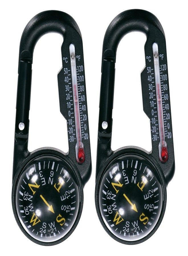 TIXIPEM Keychain Compass [2PCS] - Small Pocket Magnetic Ball Compass and Thermometer Buckle for Hiking & Camping - [Black, Yellow] Backpacking Accessory - Image 1