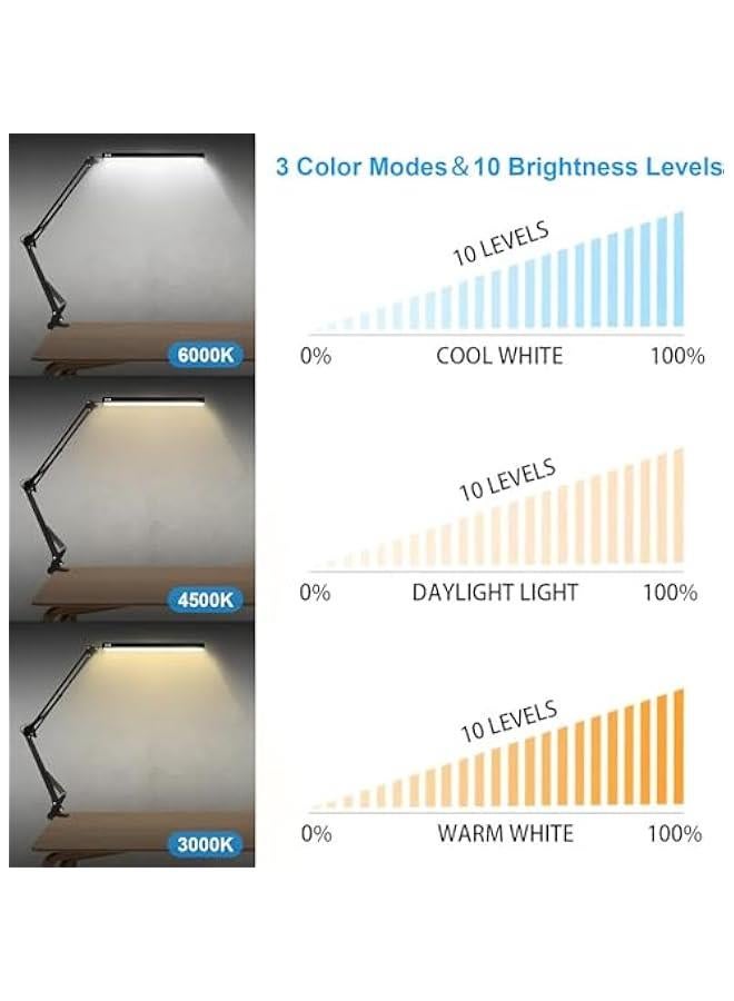 هوكور LED Desk Lamp With Clamp, 3 Lighting 10 Brightness Eye-Caring Modes, Reading Desk Lamps for Home Office 360 Degree Spin with Memory Function 12W-Black (Black) - Image 2