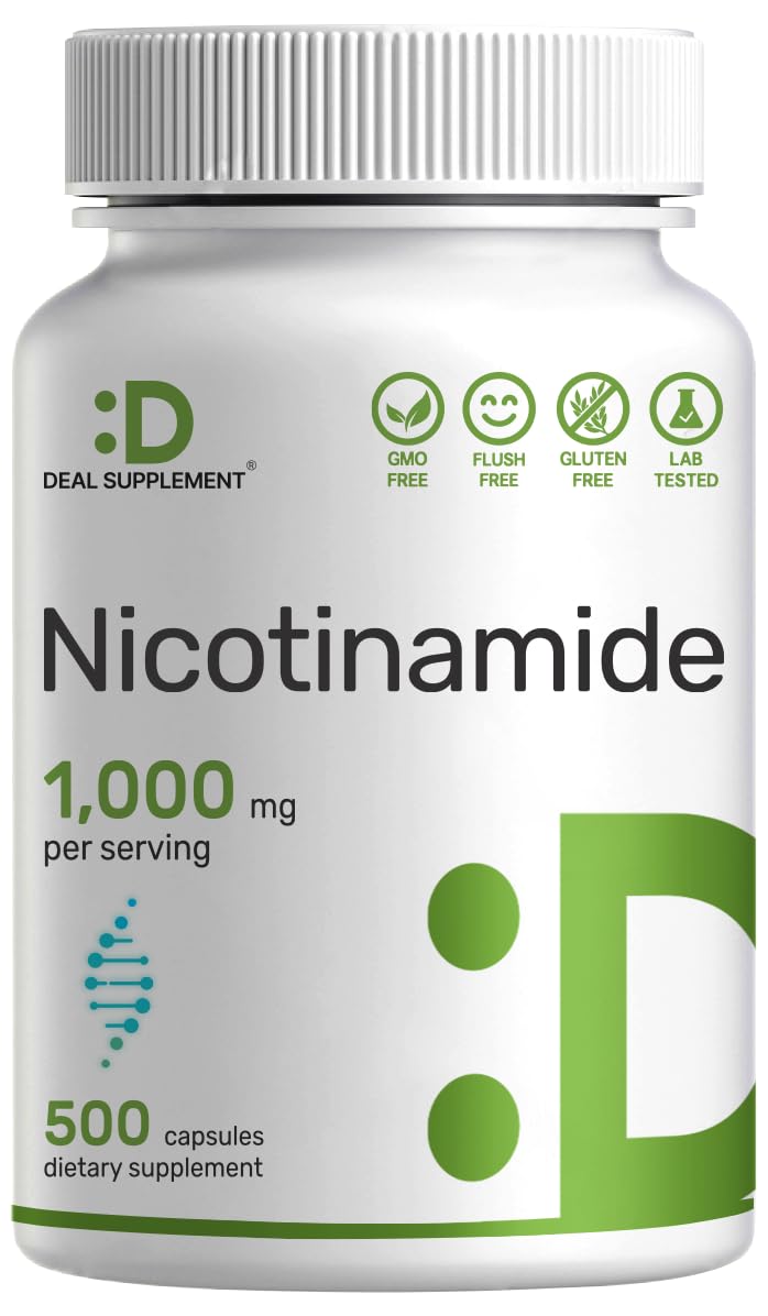 DEAL SUPPLEMENT Vitamin B3 Nicotinamide 1000mg Per Serving 500 Capsules Flush Free Niacin Essential B3 Supports Healthy Skin Energy Production NonGMO